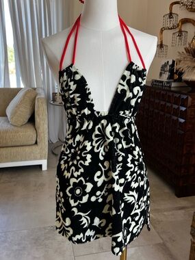 Black & White Floral Halter Mini Dress with Red Straps